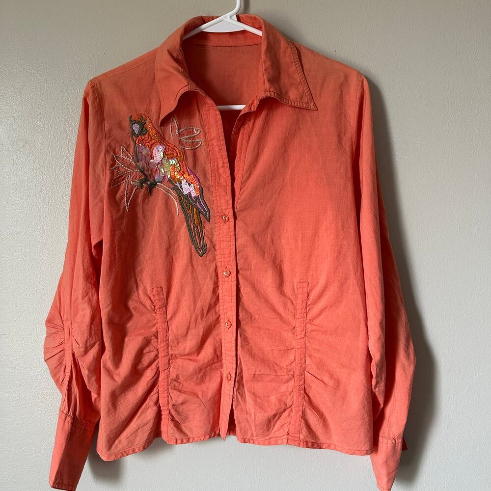 Embroidered Parrot Bird Button Front Shirt Womens SMALL Lightweight Orange Boho